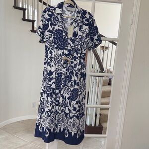 Joie NWT Size Large  White Floral Cotton Belted Midi Dress